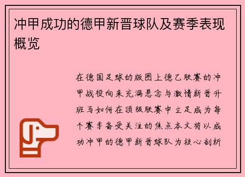 冲甲成功的德甲新晋球队及赛季表现概览