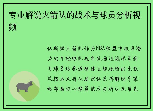 专业解说火箭队的战术与球员分析视频